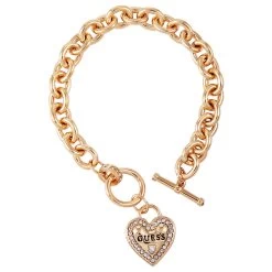 Guess Gold IG Crystal Heart Logo Charm Bracelet