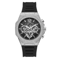 Mens Guess Watches® Silver Tone Case Black Silicone Watch -GW0518