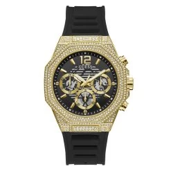 Mens Guess Watches® Gold Tone Case Black Silicone Watch -GW0518G2