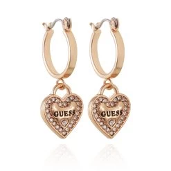 Guess Gold Huggie Logo Heart Drop Hoop Earrings